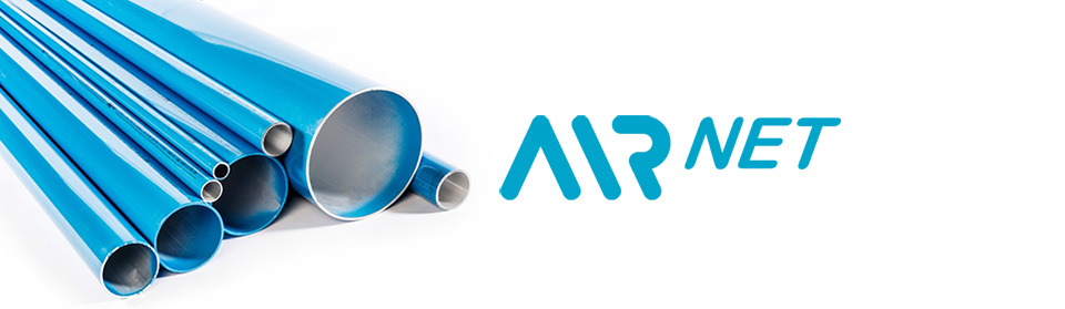Tubazioni AIRnet in alluminio blu in diversi diametri e logo AIRnet